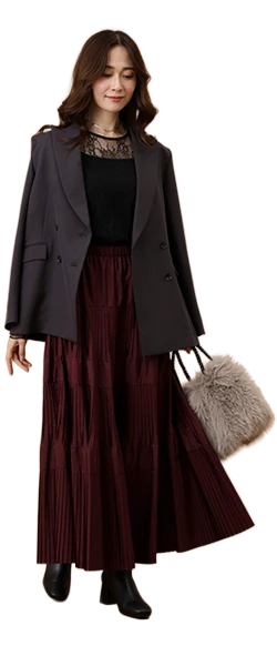 プリーツティアードスカート Vネックベスト Autumnコーデ