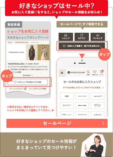 お気に入りショップのセールが始まると、セールページに現れる！